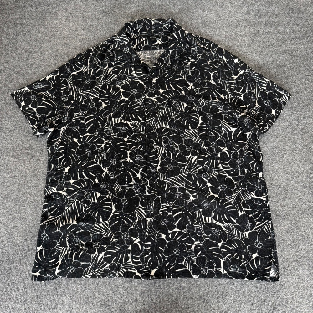 Express Mens XL Black White Tropical Floral Rayon Linen Short Sleeve Button Down